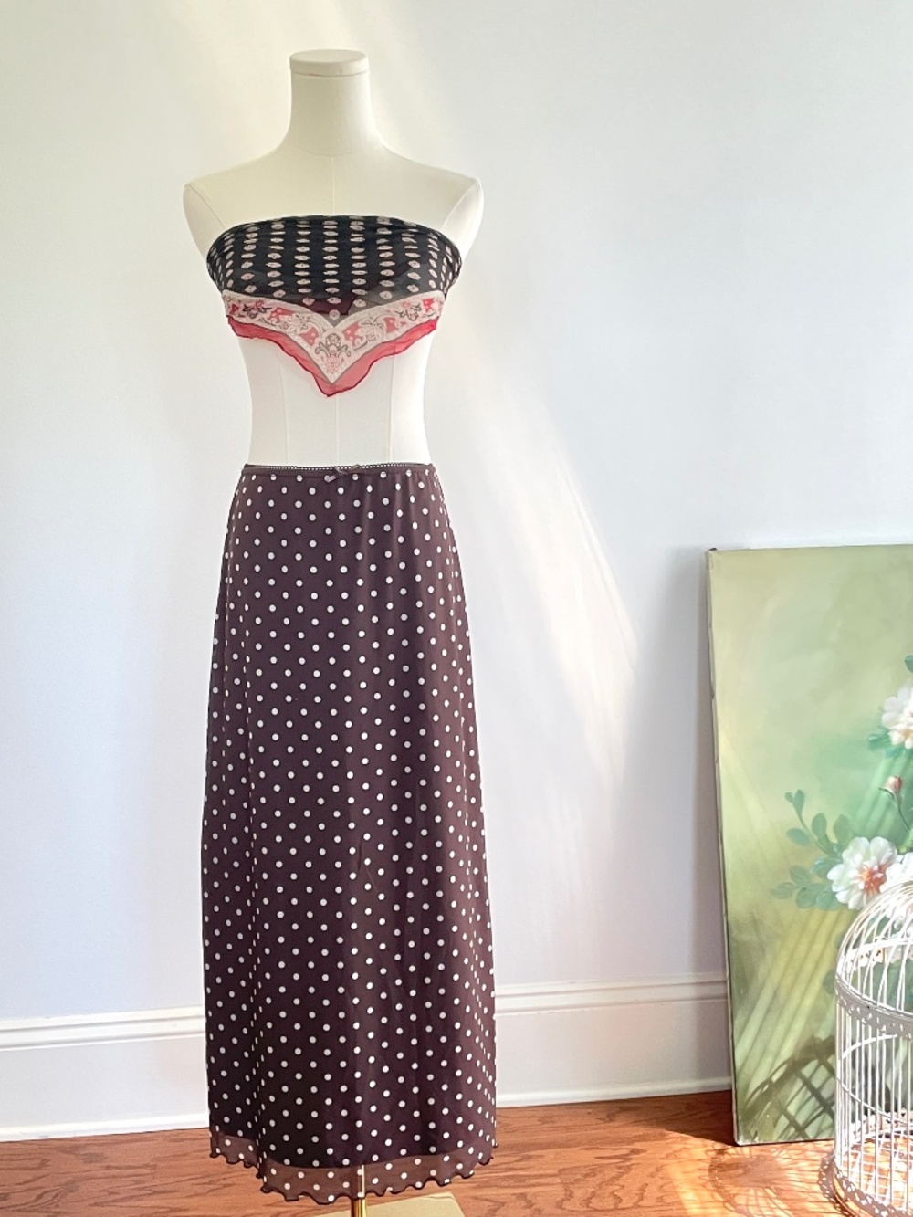 Y2K Polka Dot Midi Skirt Brown Slip Skirt Large Whimsical Stretch Indie Coquette